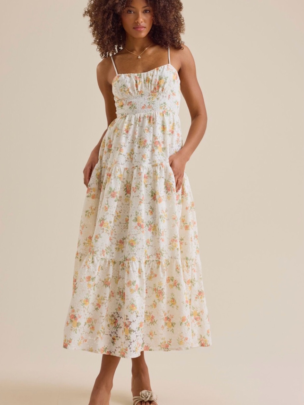Altar'd State White Floral Smocked Lace Maxi Dress with Pastel Blooms